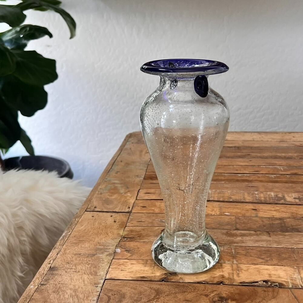 Hand Blown Glass Vase Cobalt Blue Scroll Handles & Rim Bubble Glass Art